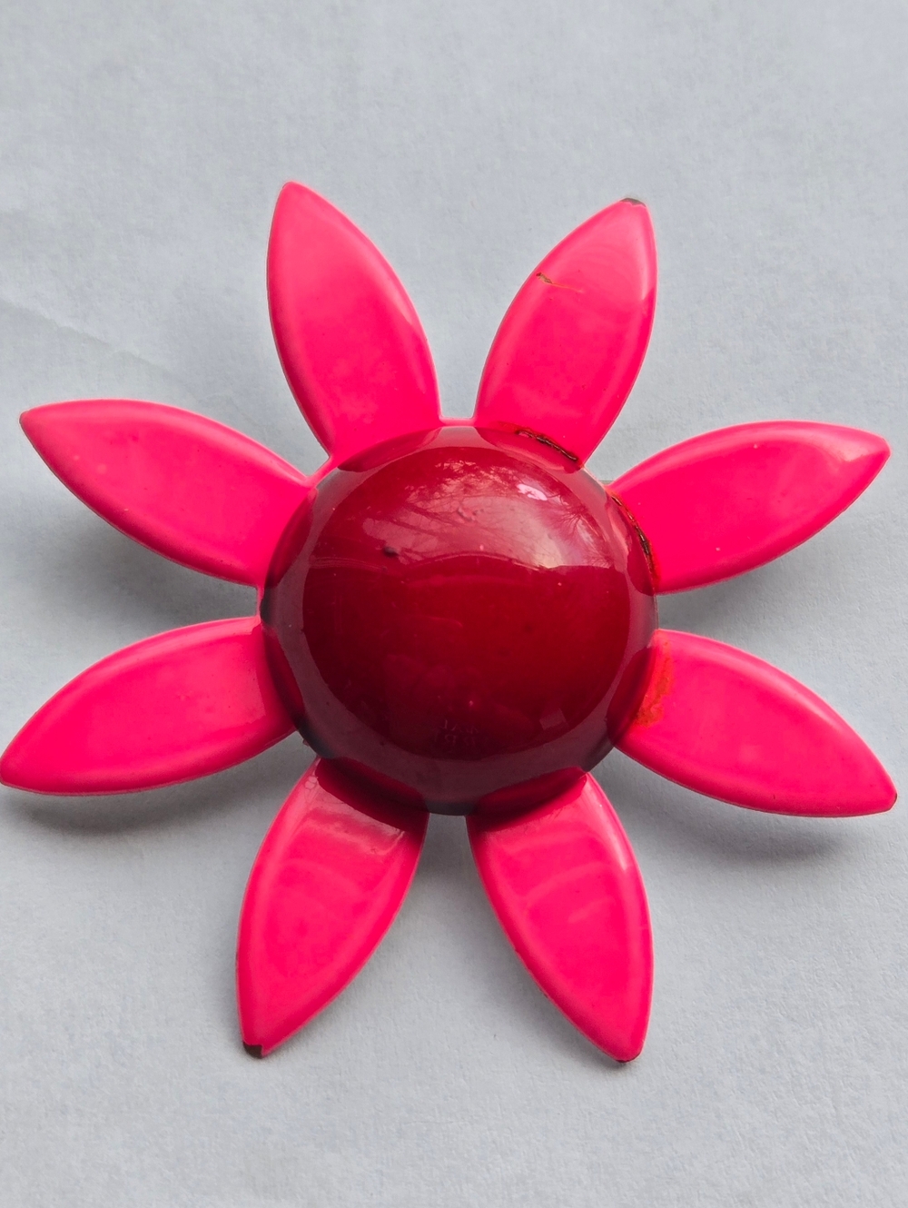 Vintage Mid Century Metal Enamel Flower Brooch Pink w/ Big Red Center